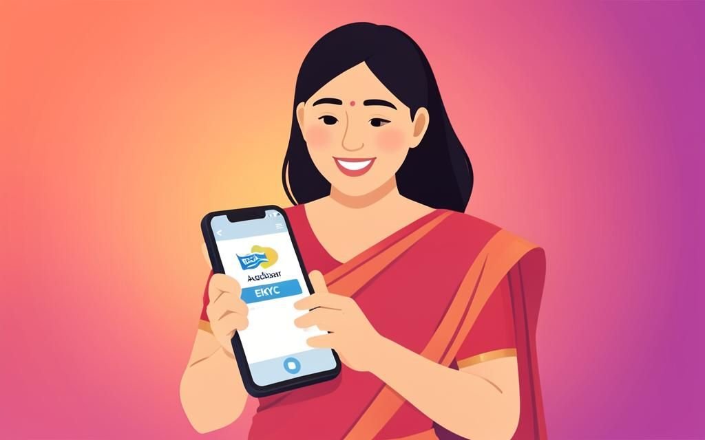 मोबाइलवर लाडकी बहीण e-KYC करणारी महिला